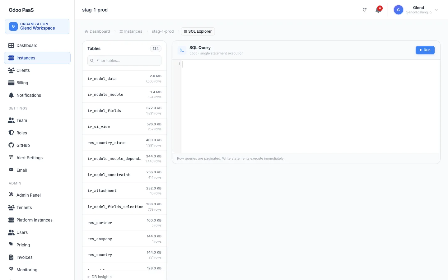 Odoo PaaS SQL explorer